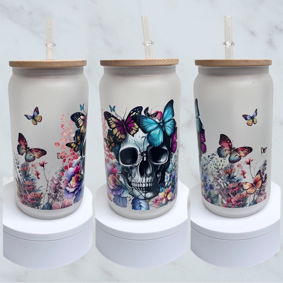 Aeliks Other - Skull Butterflies and Flowers Handmade Libbey Glass Cup